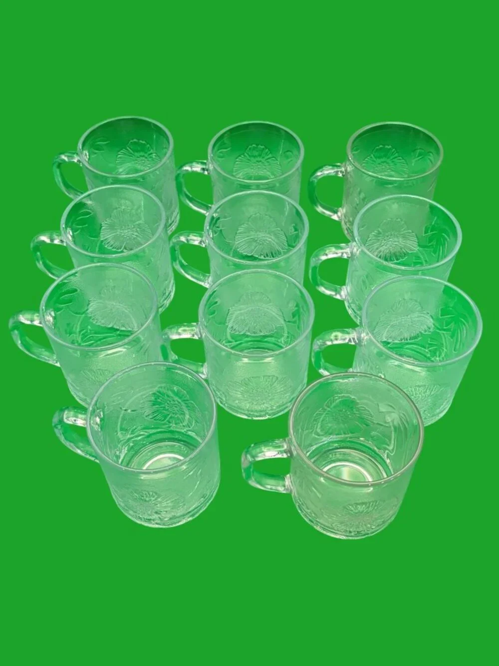KIG Indonesia Clear Glass Hibiscus & Tropical Leaf Mugs | Vtg Press Glass Set\11